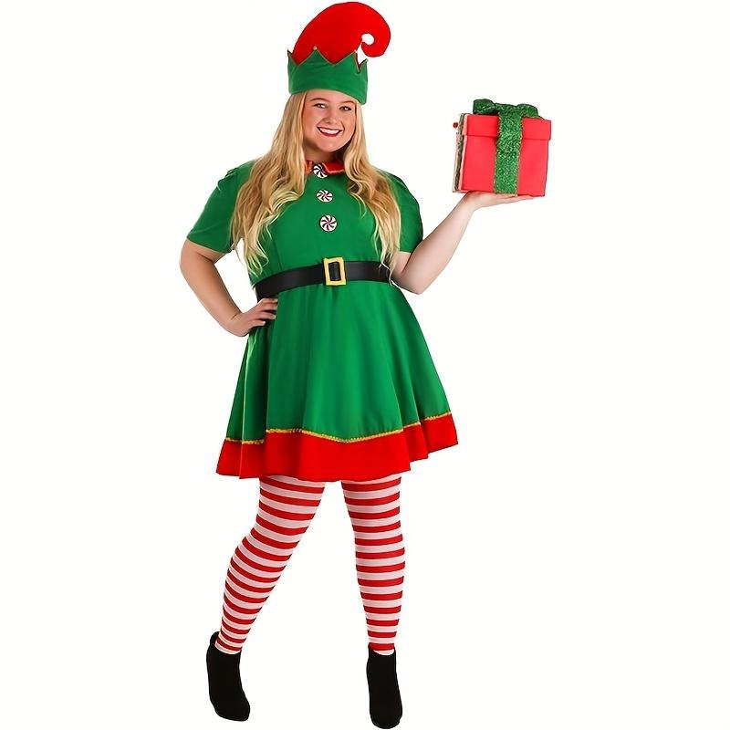 A Set of 4 Pieces Including Women's Christmas Elf Costume-Polyester Elf Dress, Hat, Belt, Striped Long Socks, Suitable for Holiday Parties and Halloween-Universal Adult Novelty Costume, No Feather, No Electricity