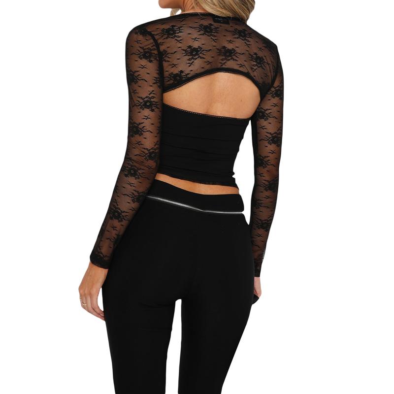 Women Y2k Lace Long Sleeve Top See Through Mesh Crop Top Floral Slim Fit Layering Top Tee Shirts Blouse Streetwear