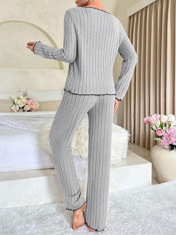 Two-Piece Set Women's Solid Lettuce Trim Ribbed Pajama Set, Casual Bow Decor Long Sleeve Top & Elastic Waist Pants PJ Set, Women's Sleepwear for Spring & Fall