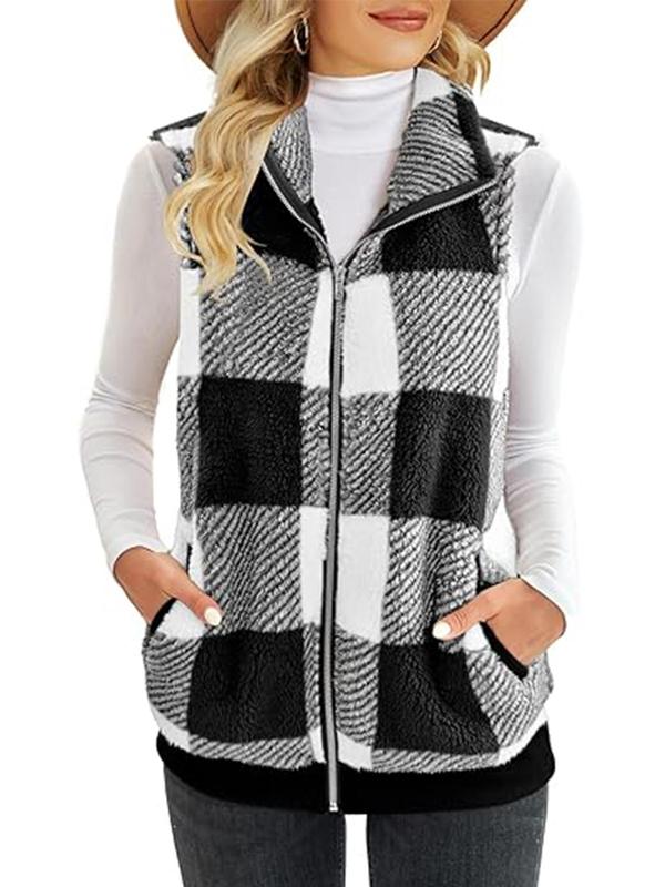 Women's Plaid Print Zip Up Funnel Neck Vest Jacket, Casual Pocket Design Sleeveless Outerwear for Fall & Winter, Women's Clothes for Daily Wear