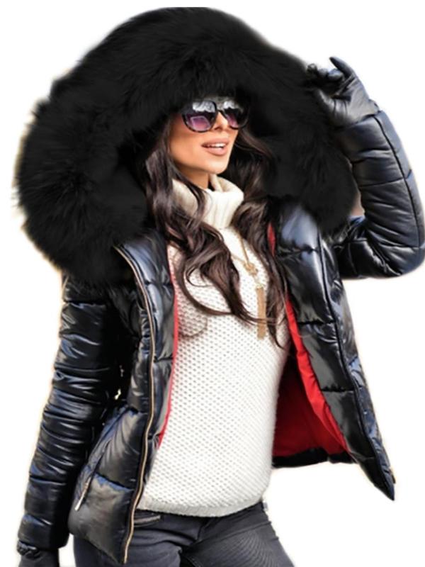 Women's Solid Zip Up Pocket Contrast Faux Fur Hooded Quilted Coat, Casual Long Sleeve Thermal Outerwear for Fall & Winter, Women's Clothing for Daily Wear