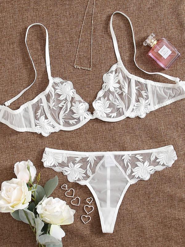 Women's 2pcs Floral Embroidery Lingerie Set, Adjustable Spaghetti Strap Bra & Sheer Panty, Women's Lingerie & Underwear for All Seasons