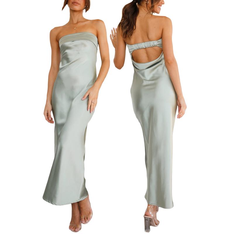 Tube Dresses for Women Satin Off-Shoulder Tie Back Bandeau Bodycon Dress Summer Y2k Pencil Long Maxi Dresses