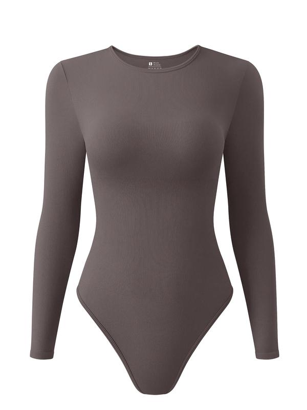 Women's Solid Color Long Sleeve Round Neck Ribbed Shapewear Bodysuit, Casual Comfy Snap Closure Crotch Design Bodysuit for Daily Wear, Ladies Shapewear for All Seasons