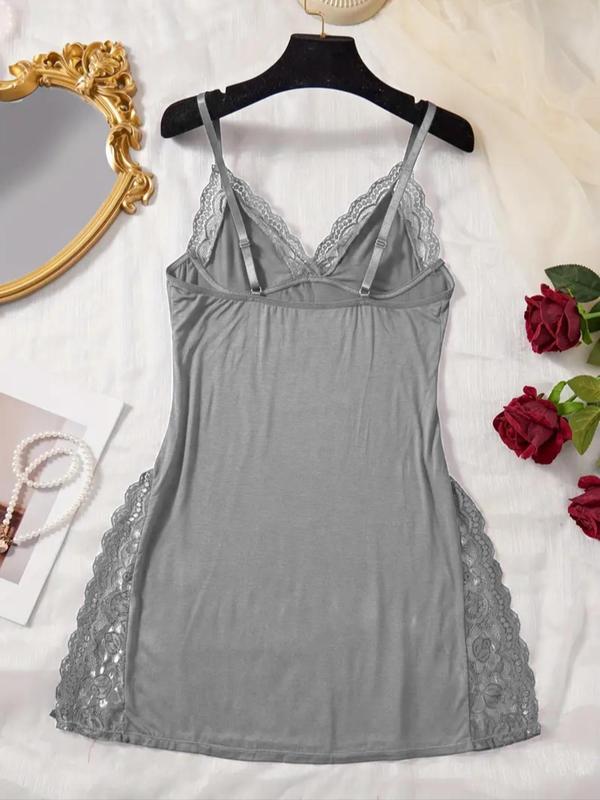  Contrast Lace Split Thigh Cami Nightdress, Casual Soft Comfortable Sleep Dress, Spaghetti Strap Nightgown for Women, Women's Sleepwear for All Seasons, Night Gown for Women 2000s Wear