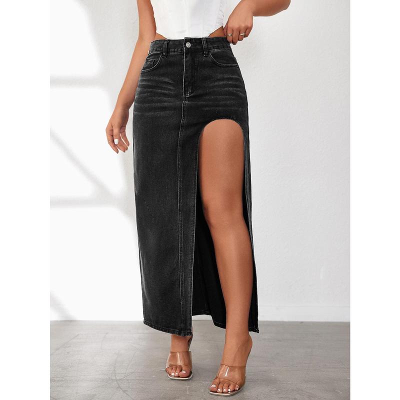 Women's Slit denim skirt for  style washed solid color mid-length skirt Jean Hippie Bottom Womenswear Cargo Maxi Parachute Retro Underwear