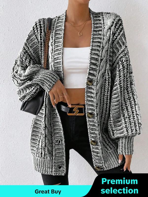 Women's Textured Lantern Sleeve Button Front Cardigan, Casual V Neck Long Sleeve Chunky Cardigan, Ladies Knitwear for Fall, Daily Wear, Comfort Cardigan for Women