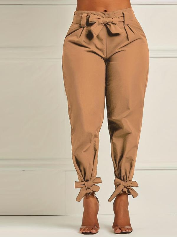  Solid Bow Front Belted Carrot Pants, Elegant Fashion Tapered Trousers, Women's Summer Bottoms for Daily Wear Work Business