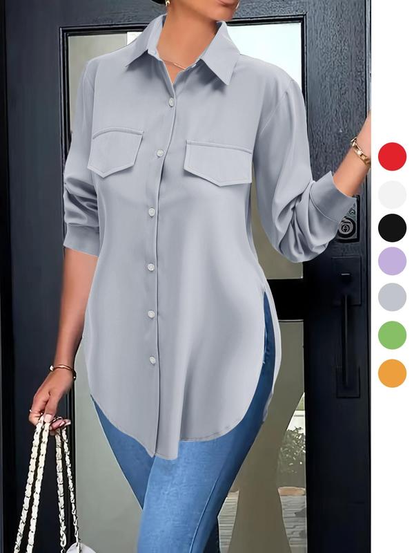 Women's Basic Button Front Longsleeves Split Hem Shirt, Summer Clothes Women, Casual Work Clothes, Minimalist Long Sleeve Collared Top,  Going Out Tops,  Office Outfits Womenwear