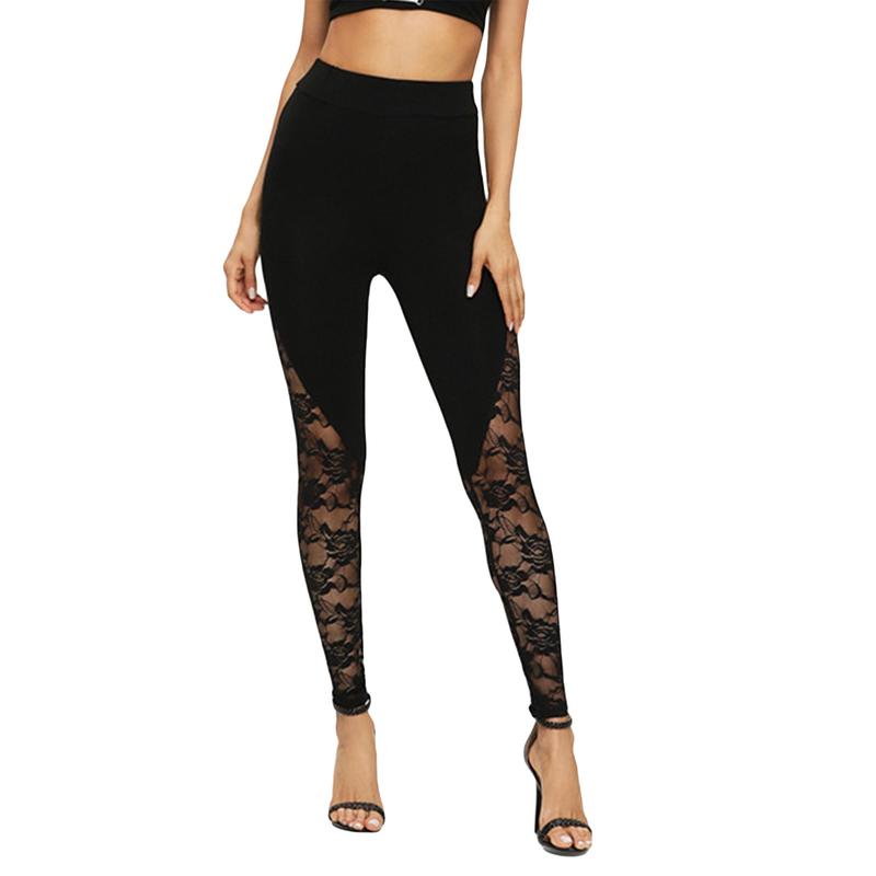 Women Pencil Leggings, Patchwork & Floral Lace Sheer High Waist Long Pants, Slim-Fit Wild Fashion Bottoms