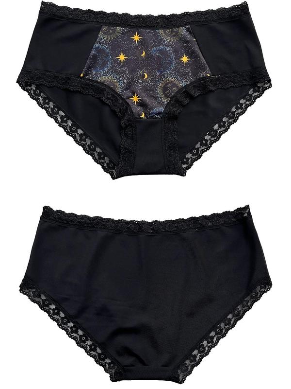 Plus Size Galaxy Print Contrast Lace Knicker, Casual Soft Comfy Panty for Daily Wear, Women's Underwear for All Seasons