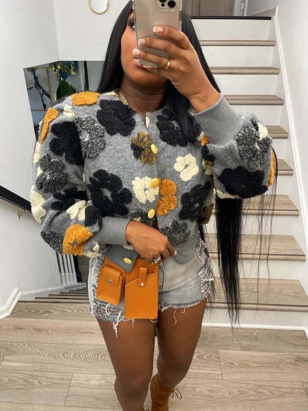  Floral Print Button Front Crop Jacket, Casual Long Sleeve Open Front Outerwear for Fall & Winter, Winter Clothes Women, Women's Clothes for Daily Wear