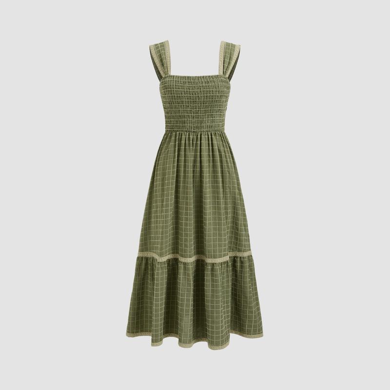 Cider [2 colors, size 0-24] Square Neck Shirred Gingham Maxi Dress