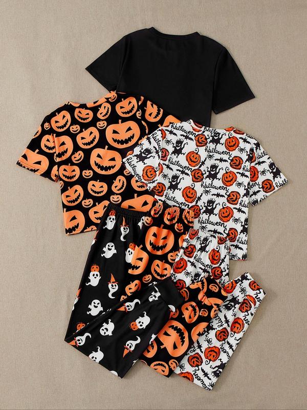 Women's Solid Short Sleeve Tee & Drawstring Pants Lounge Sets, Summer Clothes, Halloween Print Lounge Sets, Back-to-school Clothing, Sleepwear for Women, Nightwear Sets, Halloween Pajamas, Summer Wear 2024, Black Girl Wear