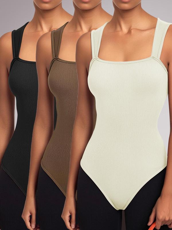 Women's Solid Ribbed Sports Bodysuit, Casual Comfy Breathable Sleeveless Bodysuit for Daily Wear, Ladies Sportswear for Spring & Fall