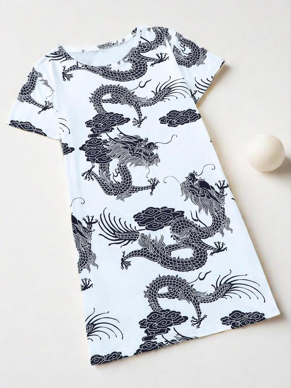 Women's Dragon Print Round PJ Neck Nightdress Summer Clothes Women, Casual Short Sleeve Crew Neck Sleep Dress Nighties for Summer, Women's Sleepwear for Indoor Wear