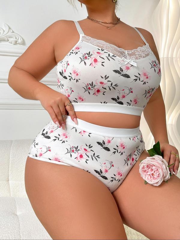  Two-Piece Set Floral Print Bow Decor Contrast Lace Bra & High Waist Panty, Adjustable Spaghetti Strap Wireless Bra & High Rise Panty, Women's Lingerie Set for All Seasons