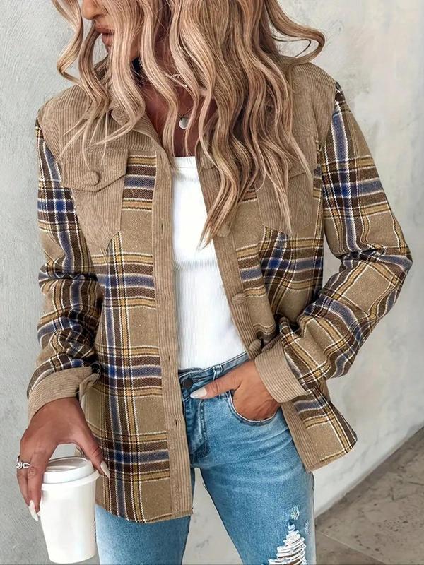 Women's Patchwork Plaid Print Button Front Shirt Coat, Casual Flap Pocket Long Sleeve Collared Outerwear for Fall & Winter, Ladies Clothes for Daily Wear