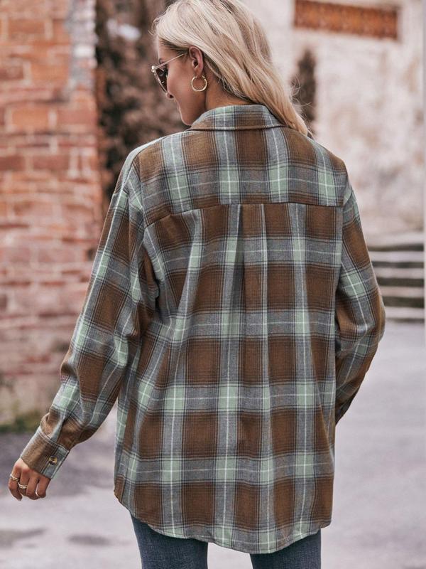 Women's Tartan Print Button Front Pocket Shirt, Casual Drop Shoulder Long Sleeve Going Out Top for Fall & Winter, Women's Clothes for Daily Wear