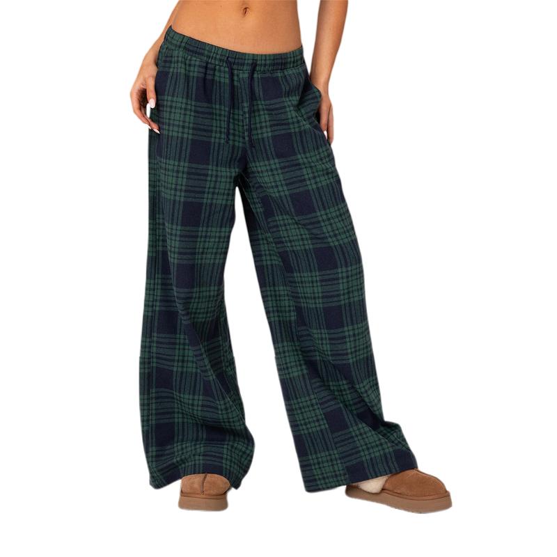 Comfy Pajama Pants for Women Plaid Elastic Waist Wide Leg Lounge Pants Casual Drawstring Loose Bottoms Sleepwear