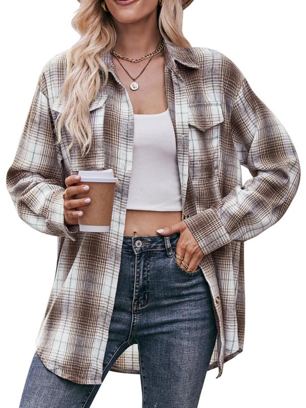 Women's Tartan Print Button Front Pocket Shirt, Casual Drop Shoulder Long Sleeve Going Out Top for Fall & Winter, Women's Clothes for Daily Wear