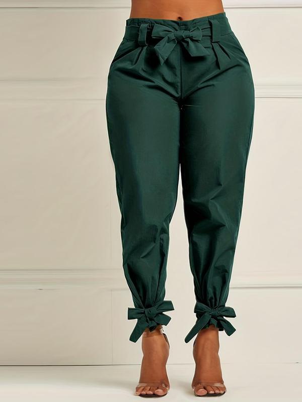  Solid Bow Front Belted Carrot Pants, Elegant Fashion Tapered Trousers, Women's Summer Bottoms for Daily Wear Work Business