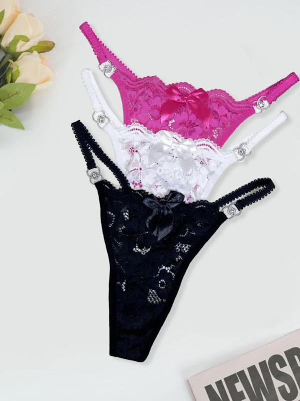 Women's 3pcs Plain Floral Lace Bow Decor O-ring Linked Thongs, Summer Wear 2024, Fashionable Casual Sexy Knicker for Daily Wear, Ladies Underwear for All Seasons