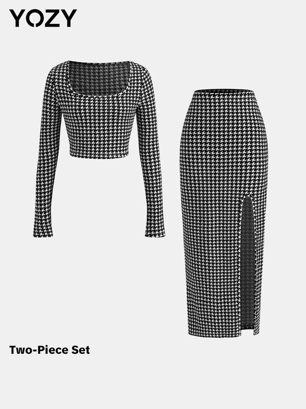 YOZY [size 4-14] Striped Print Crop Top & Split Thigh Skirt Set, Casual Long Sleeve Square Neck Top & High Waist Bodycon Skirt for Fall Holiday, 2024 Women's Spring & Fall Outfits for Daily Wear, [S-XXL]