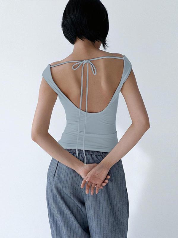 Women's Off Shoulder Tie Back Tee, Lady Basic Solid Backless Short Sleeve T-shirt, Summer Clothes Women, Casual Summer T Shirts Clothes for Daily Wear