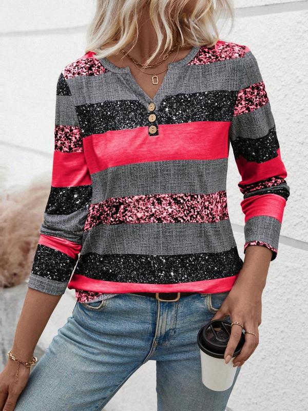 Women's Colorblock Striped Print Buttons Notched Neck Tee, Casual Long Sleeve T-shirt for Fall & Winter, Women's Clothing for Daily Wear