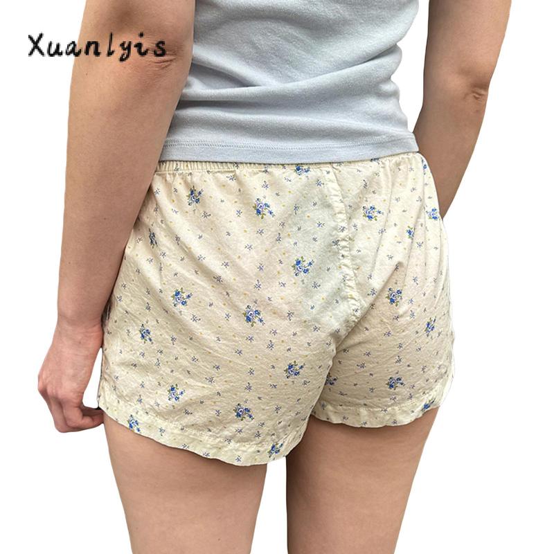 Women's Lounge Shorts Casual Loose Fitting Elastic Waist Floral Short Pants for Summer Lady Womenswear Bottom Plaid