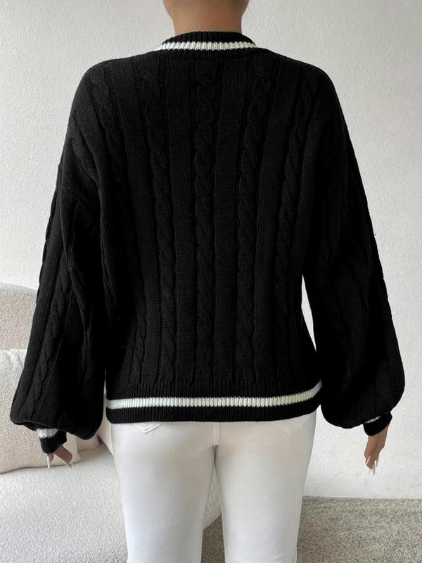 Women's Contrast Binding Drop Shoulder Cable Knit Sweater, Casual Long Sleeve V Neck Jumper for Spring & Fall, Sweaters for Women, Fashion Women's Knitwear for Daily Wear, Fall Outfits 2024, Fall Outfits, Fallfreshness Downtown Girl Clothes