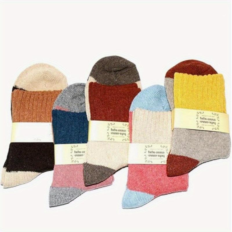 5 pairs of women's blended sports socks,25%wool,,75% polyester fiber, thick knit, warm and comfortable,,outdoor anklet socks,suitable for hand washing,winter mid length socks