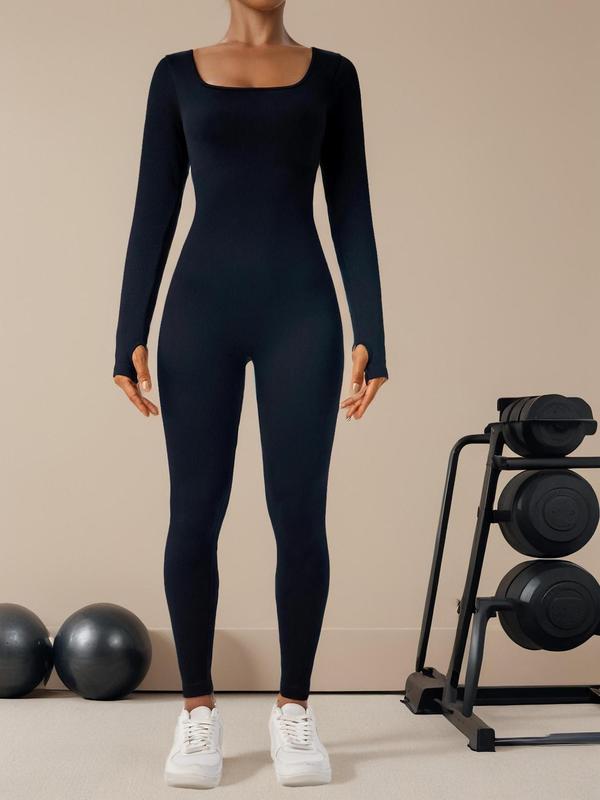 Women's Ribbed Jumpsuit, Casual Tummy Control High Stretch Shapewear Jumpsuit, Long Sleeve Bodysuit for Workout and Sports, Solid Color Seamless Playsuit - Check, Womenswear, Ladies Shapewear Clothes for Daily Wear#SSL1 Tops Longsleeves Comfort Basic