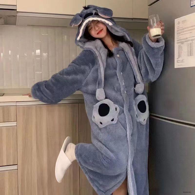 Kawaii Navy Stitch cartoon couple internet celebrity style pajamas for men and women autumn and winter coral fleece long robe suit