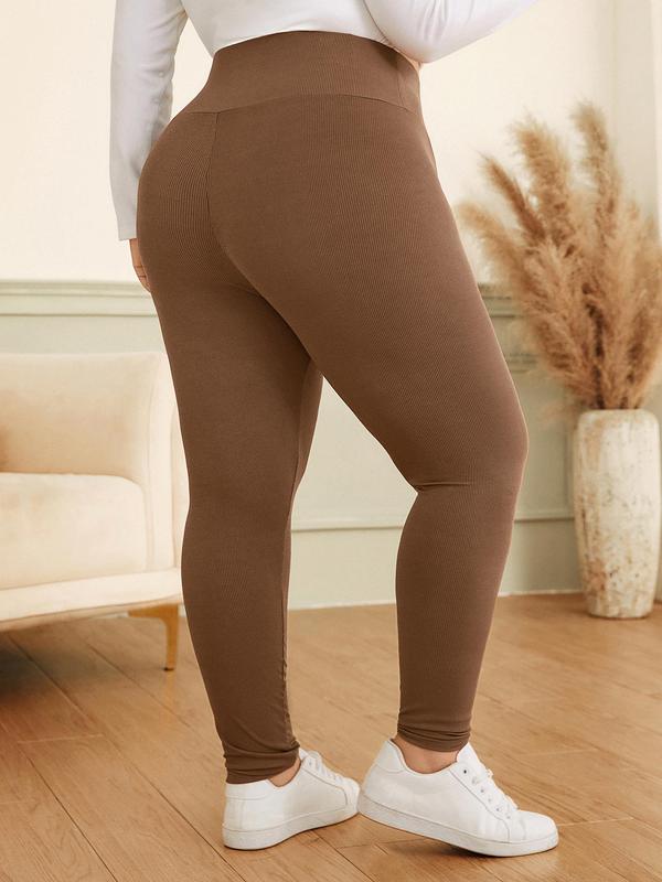 CURVZY Plus Size Solid High Waist Ribbed Leggings, Casual Comfy Skinny Pants for Daily Wear, Women's Bottoms for All Seasons