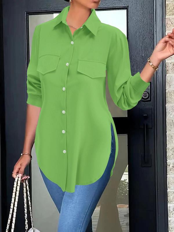 Women's Basic Button Front Longsleeves Split Hem Shirt, Summer Clothes Women, Casual Work Clothes, Minimalist Long Sleeve Collared Top,  Going Out Tops,  Office Outfits Womenwear