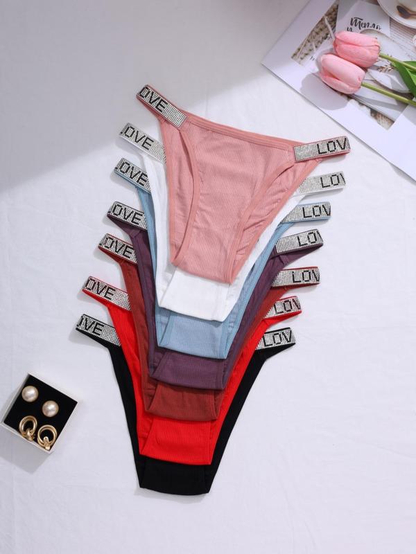 Women's Letter Rhinestone Decor Panty, Soft Knicker for Daily Wear, Comfort Basic Underwear for Women, Minimalist Womenswear for All Seasons