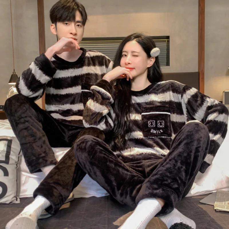 Thickened Warm Winter Couples Flannel Pajamas for Men and Women Cartoon Bear Sleepwear Loungewear Ladies Nightwear Homewear