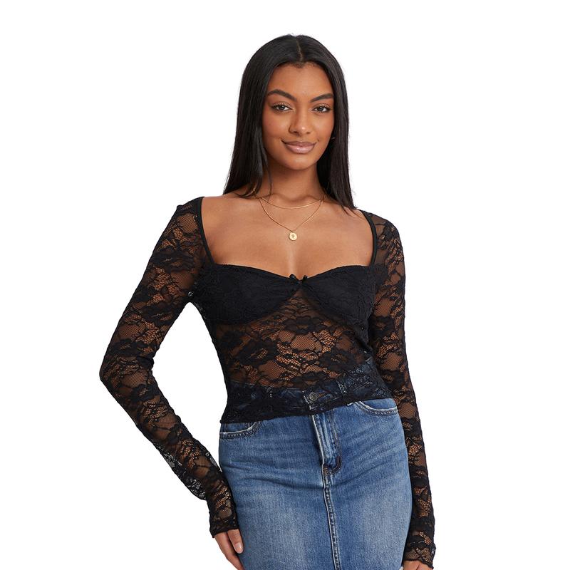 New Women Ladies Girls Fashion Crop Floral Lace Tops Long Sleeve Blouses & Shirts Casual Pullovers for Club Streetwear Aesthetic Grunge Clothes Womenswear Crop Tops