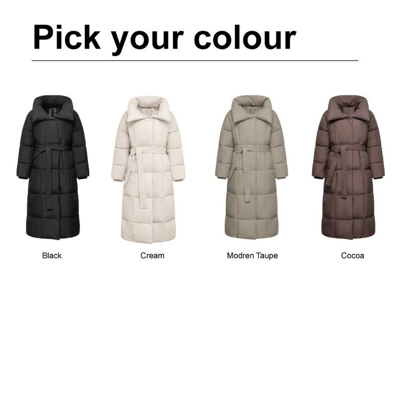 PUFFIT Extra Long Belted Button Premium Puffer Jacket, Warm Winter Coat for Women, Ladies Classic Quilted Padded Coat Big Pocket Large Lapel