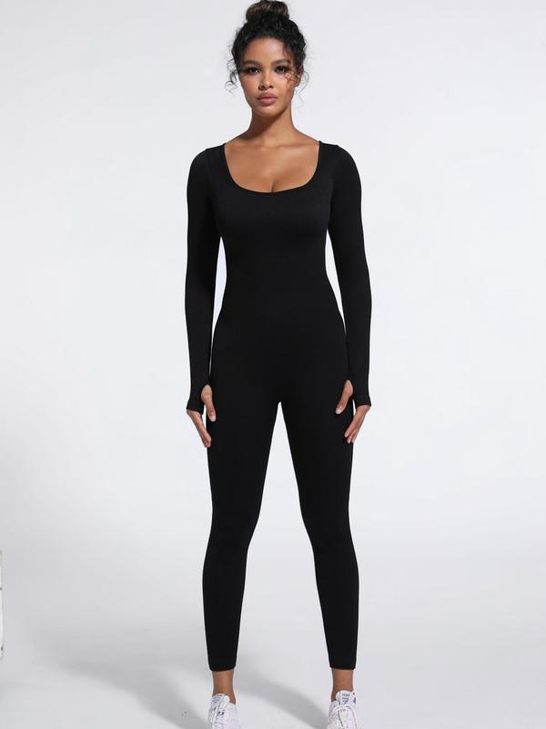 Women's Ribbed Jumpsuit, Casual Tummy Control High Stretch Shapewear Jumpsuit, Long Sleeve Bodysuit for Workout and Sports, Solid Color Seamless Playsuit - Check, Womenswear, Ladies Shapewear Clothes for Daily Wear#SSL1 Tops Longsleeves Comfort Basic