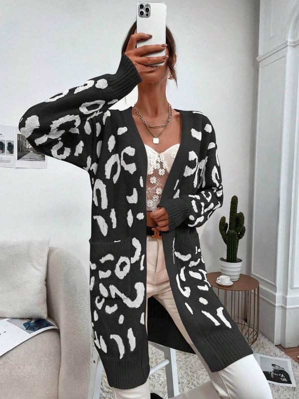 Women's Leopard Print Pocket Cardigan, Casual Drop Shoulder Long Sleeve Open Front Cardigan for Fall & Winter, Fashion Women's Knit Clothing for Daily Wear