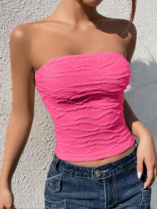 Women's Plain Textured Crop Tube Top, Casual Sleeveless Strapless Top for Summer, Ladies Clothes for Daily Wear