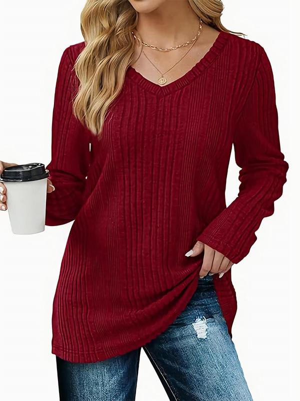 Women's Solid Color Print V Neck Ribbed Sweater, Casual Long Sleeve Jumper for Fall & Winter, Fashion Ladies' Knitwear for Daily Wear