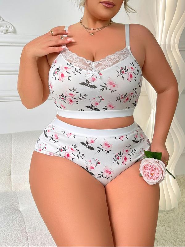  Two-Piece Set Floral Print Bow Decor Contrast Lace Bra & High Waist Panty, Adjustable Spaghetti Strap Wireless Bra & High Rise Panty, Women's Lingerie Set for All Seasons