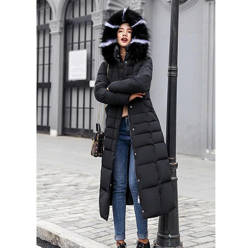 Long Down Cotton Parkas Coat Female New Winter Over Knee Loose Large Fur Collar Hooded Warm Thick Parkas Women  Padded Overcoat