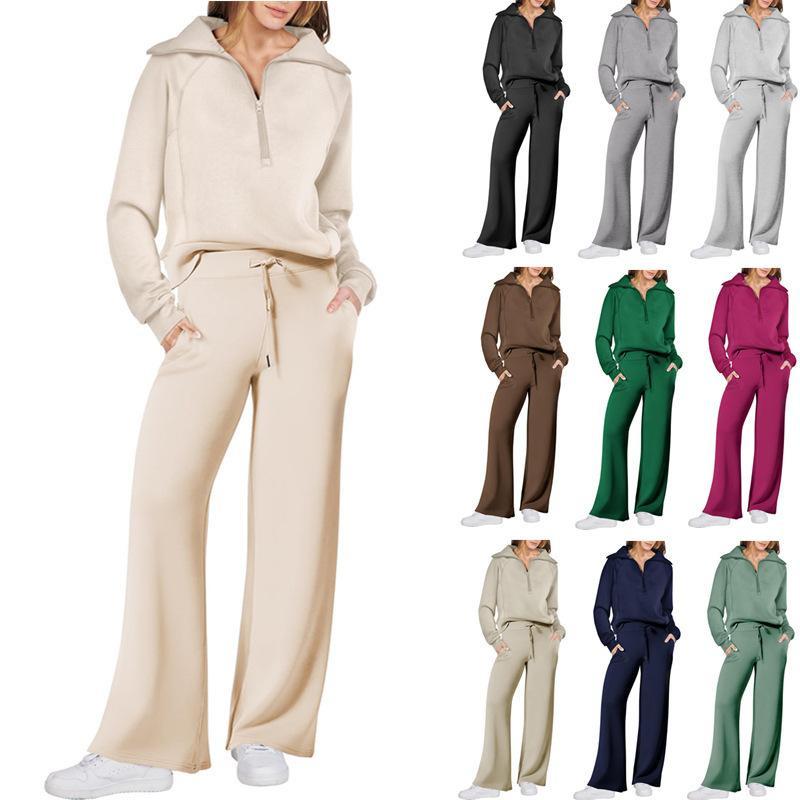 Womens 2 Piece OutfitsSweatsuit Set Oversized Half ZipSweatshirt Wide Leg SweatpantsLounge Set Tracksuit WomenswearLong Sleeve Overalls Clothing