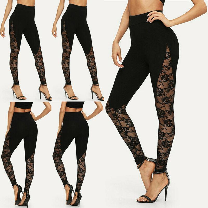 Women Pencil Leggings, Patchwork & Floral Lace Sheer High Waist Long Pants, Slim-Fit Wild Fashion Bottoms