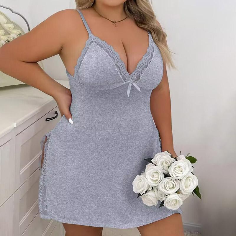 [Plus Size] Chicme Bowknot Decor Lace Patch Slit Sleep Dress lacetrim  sleep Sheer Lace Split Thigh Nightdress Plus Size Women's V-Neck Satin Chemise Teddy Lace Chemise lingerie sexy